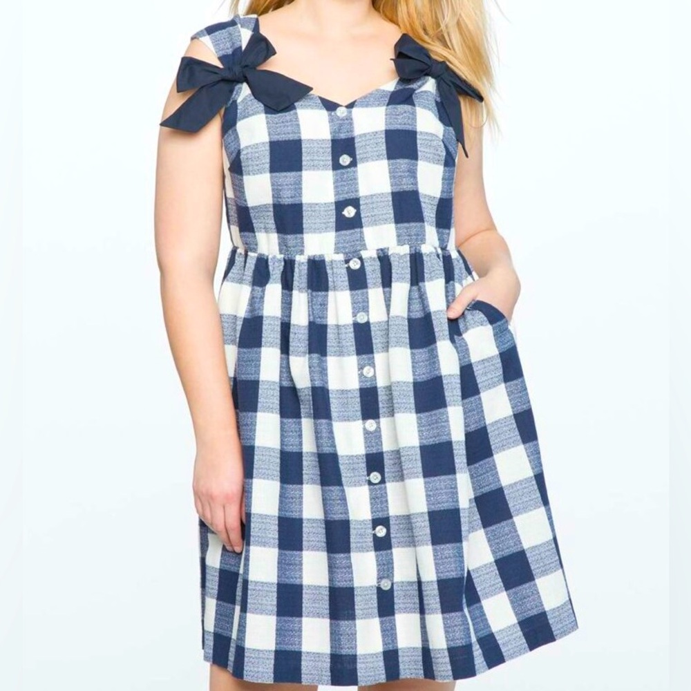 NWT Eloquii Blue Plaid Check Bow and Button Detail Mini Dress